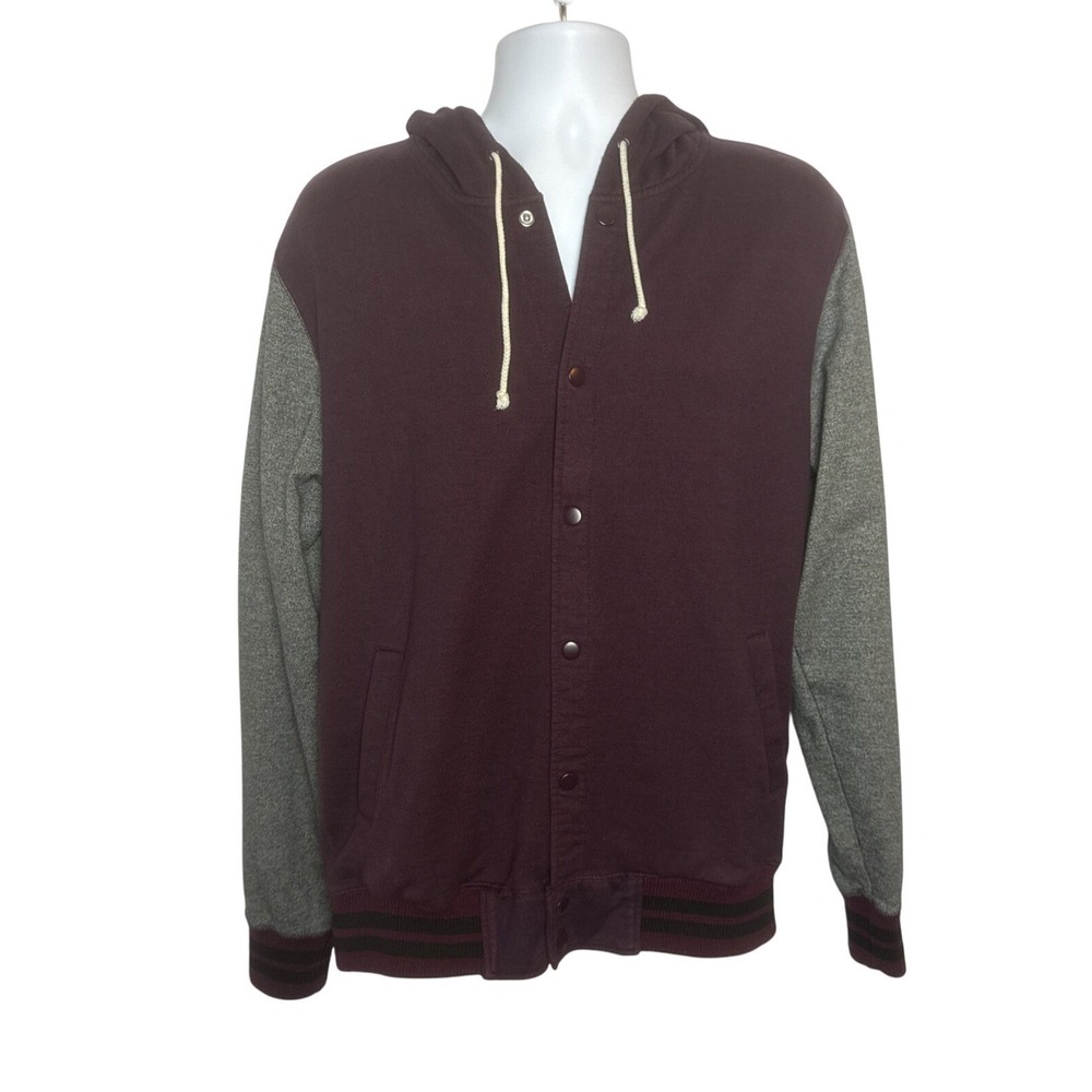 Chor Mens Large Varsity Jacket Button Front Hooded Academia Maroon Gray Preppy
